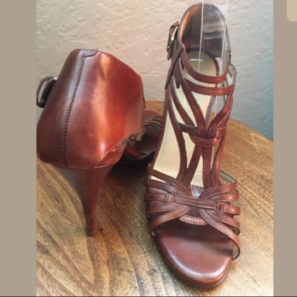 COLE HAAN Cognac Brown Leather 4" Sandals US 37.5M